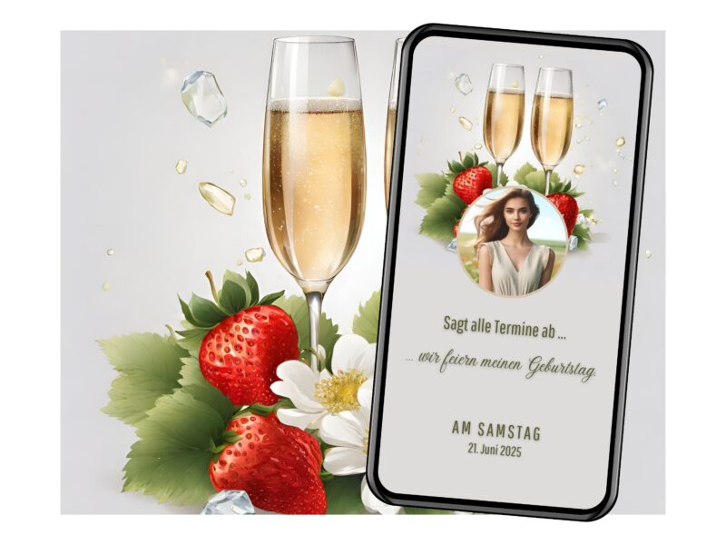 Digitale Einladung Champagner mit Erdbeeren